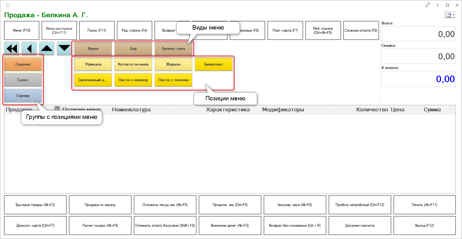 Меню ресторана в рабочем месте кассира Меню ресторана в рабочем месте кассира